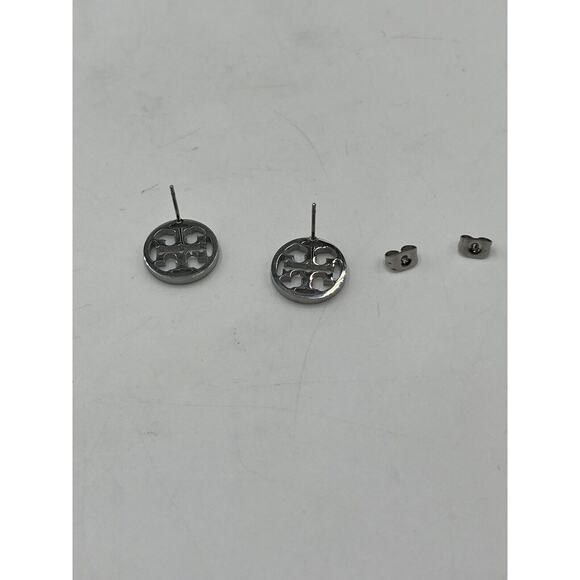 TORY BURCH Designer Silver Miller Round Circle Cut Out "T" Logo Stud Earrings - Picture 4 of 12